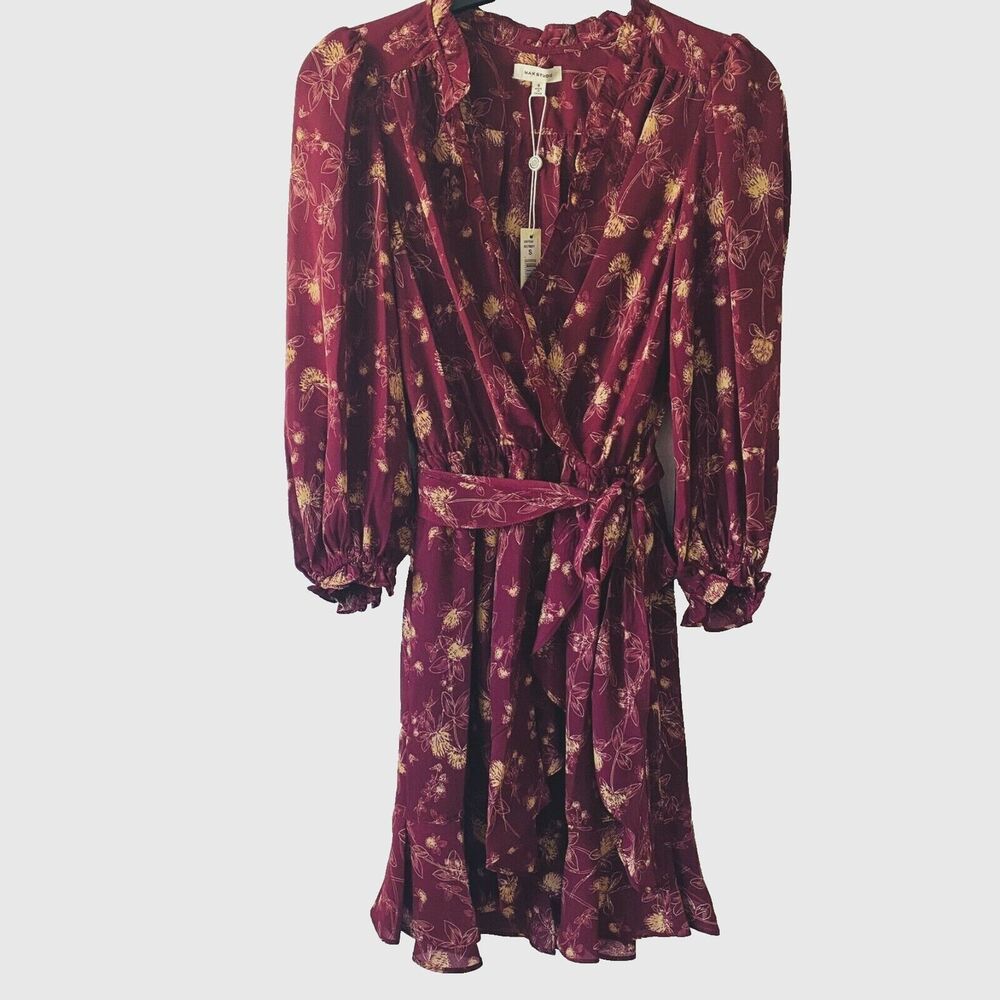Max Studio Women Beet Burgundy Floral Ruffle Wrap Mini Dress‎ Long Sleeve NWT S